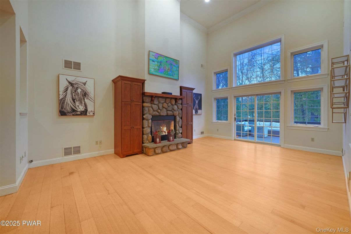 Empty room, Fireplace, Interior, Recessed Lighting, Wood Texture Flooring