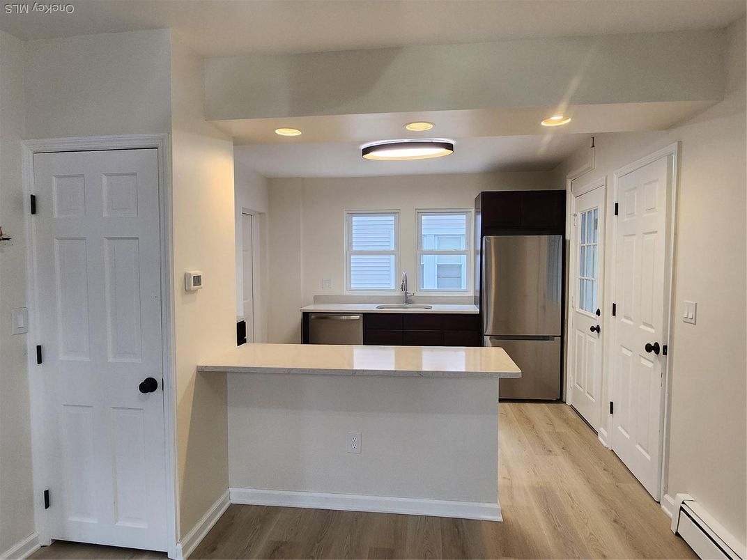 Interior, Kitchen, Recessed Lighting, Stainless Steel Appliances, Wood Texture Flooring