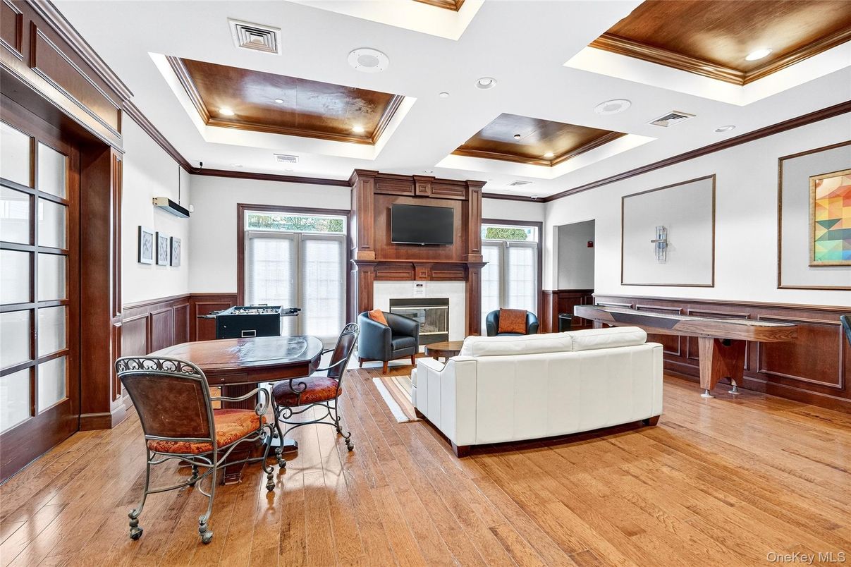 Dining room, Fireplace, Interior, Living room, Recessed Lighting, Wooden Ceilings, Wood Texture Flooring