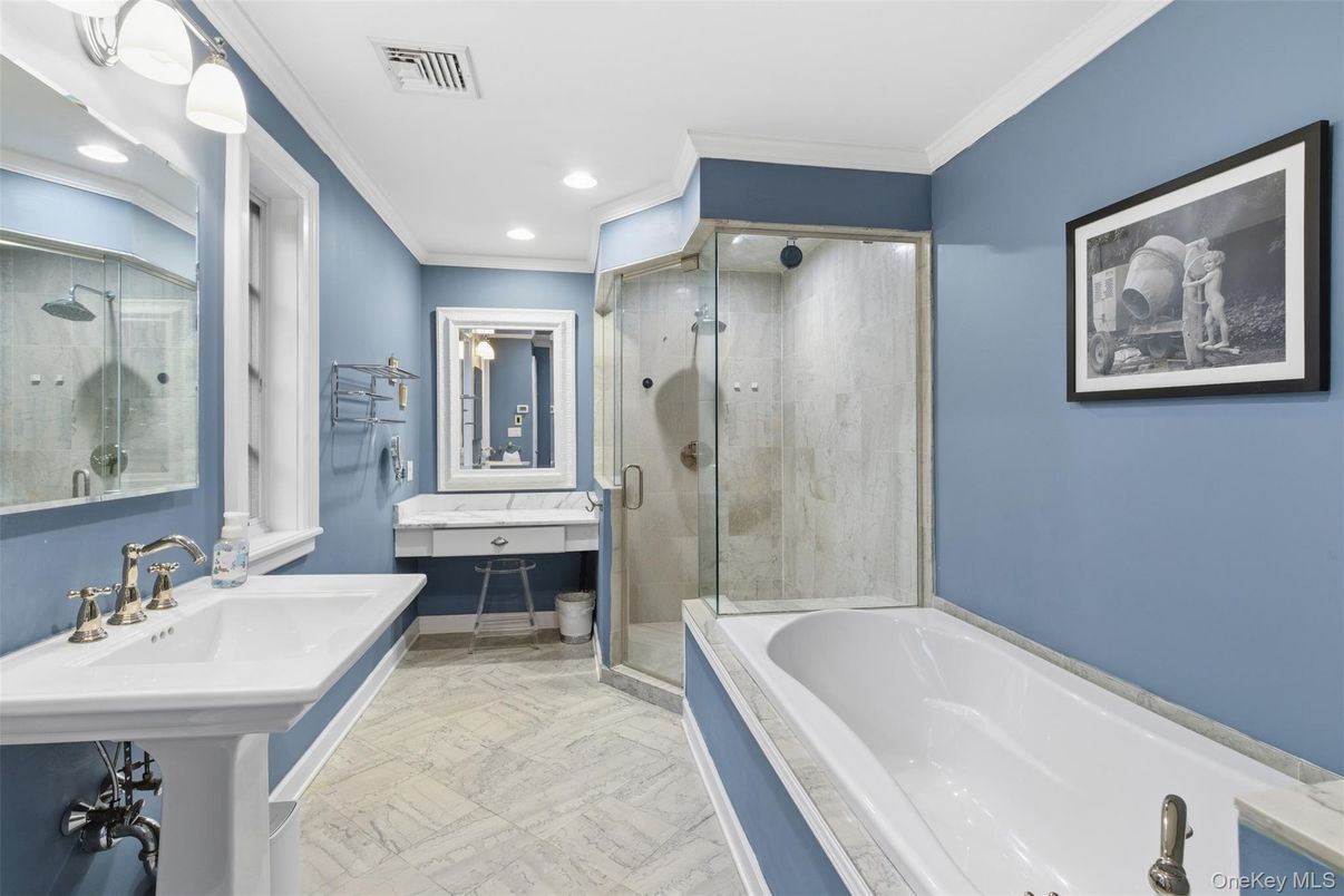 Bathroom, Dual Sink Vanities, Glass Shower, Interior, Marble, Recessed Lighting