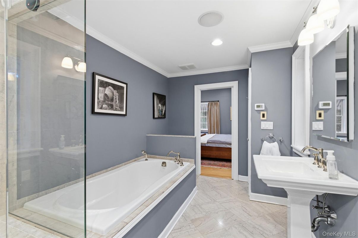 Bathroom, Dual Sink Vanities, Glass Shower, Interior, Marble, Recessed Lighting