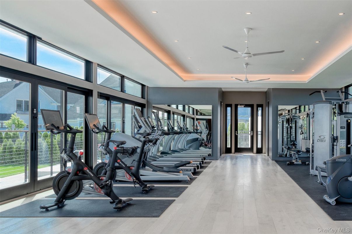 Fitness Equipment, Gym, Interior, Recessed Lighting, Wood Texture Flooring