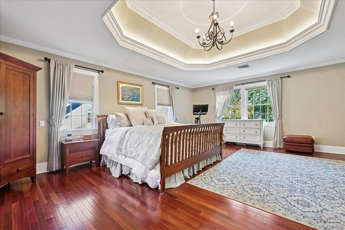 Bedroom, Chandelier, Interior, Recessed Lighting, Wood Texture Flooring