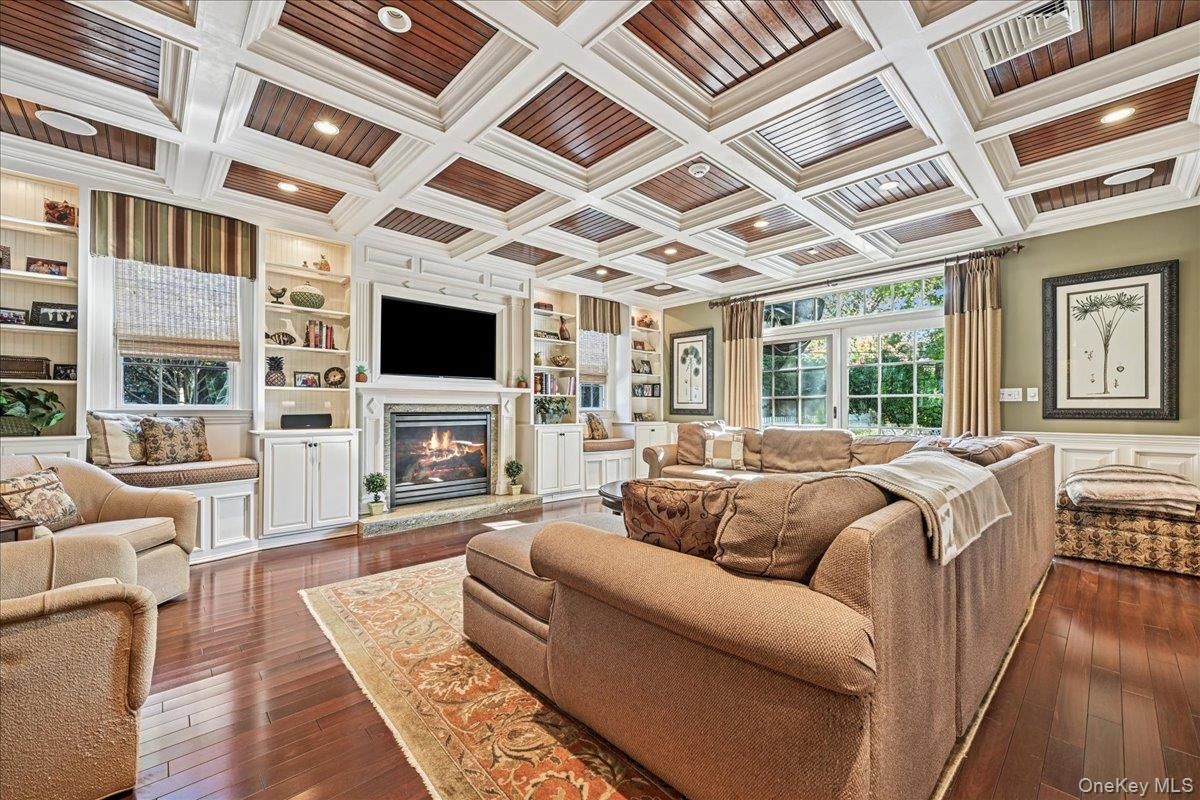 Fireplace, Interior, Living room, Recessed Lighting, Wooden Ceilings, Wood Texture Flooring