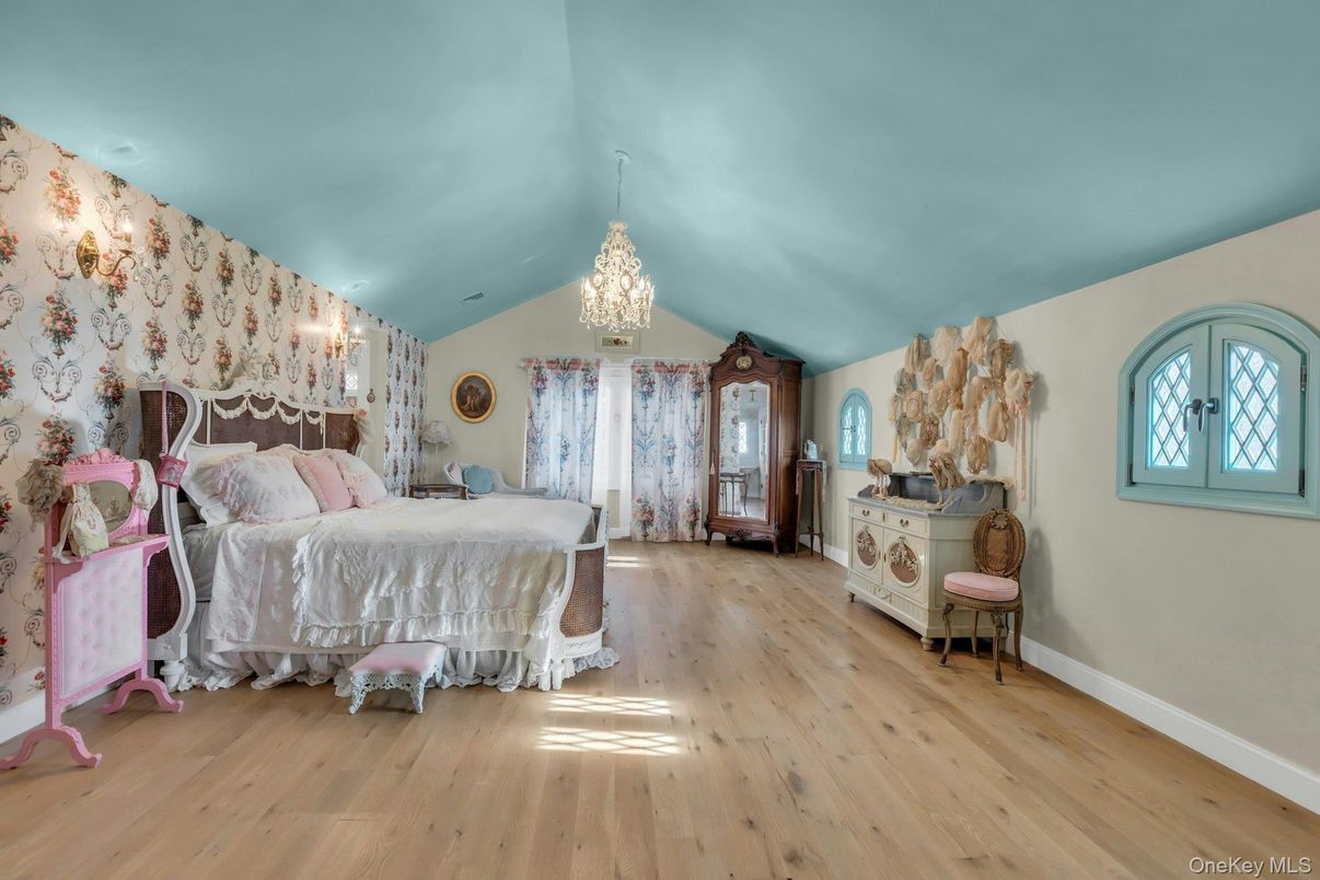Bedroom, Chandelier, Interior, Wood Texture Flooring