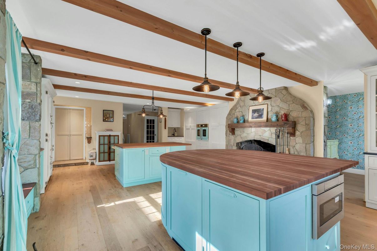 Fireplace, Interior, Kitchen, Pendant Lights, Recessed Lighting, Stone Walls, Wooden Beams, Wood Texture Flooring