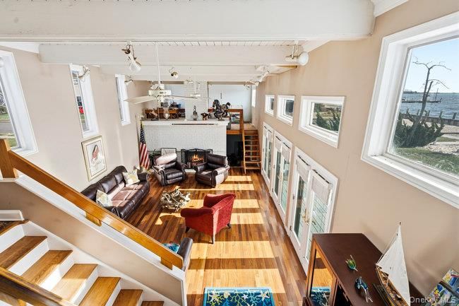 Fireplace, Interior, Living room, Pendant Lights, Water, Wood Texture Flooring