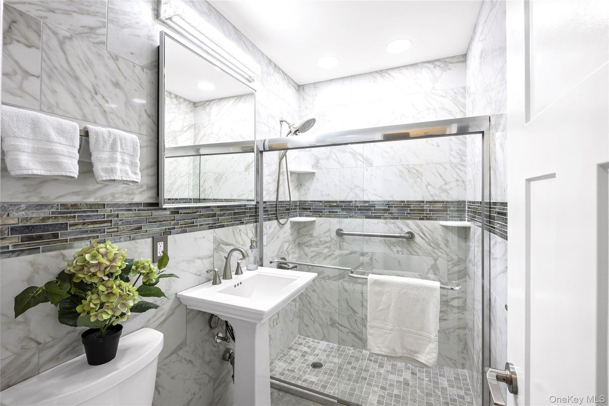 Bathroom, Glass Shower, Interior, Marble Walls, Recessed Lighting