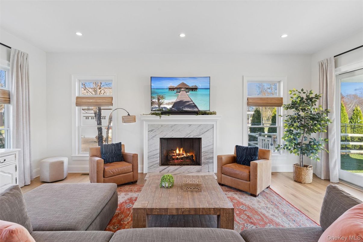 Fireplace, Interior, Living room, Recessed Lighting, Wood Texture Flooring