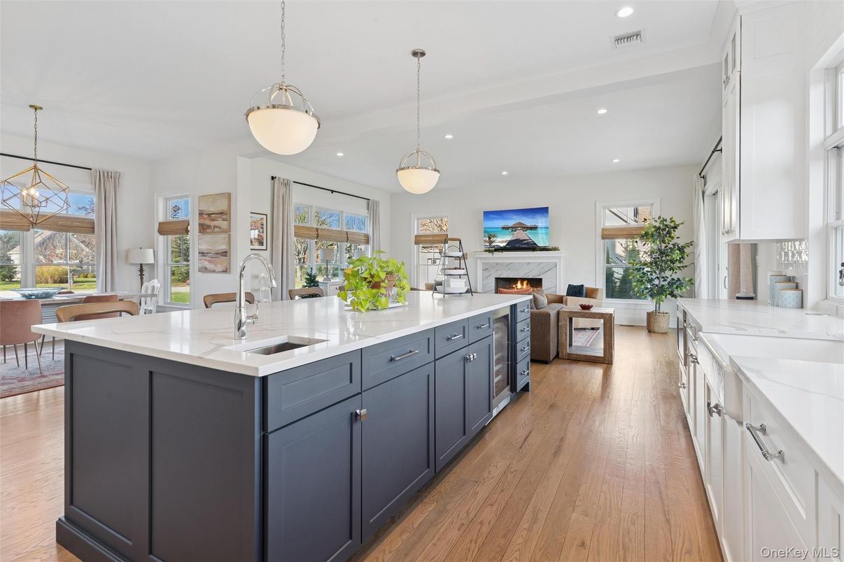 Dining room, Fireplace, Interior, Kitchen, Living room, Pendant Lights, Recessed Lighting, Wood Texture Flooring