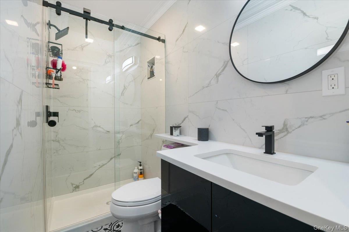 Bathroom, Glass Shower, Interior, Marble Walls, Recessed Lighting