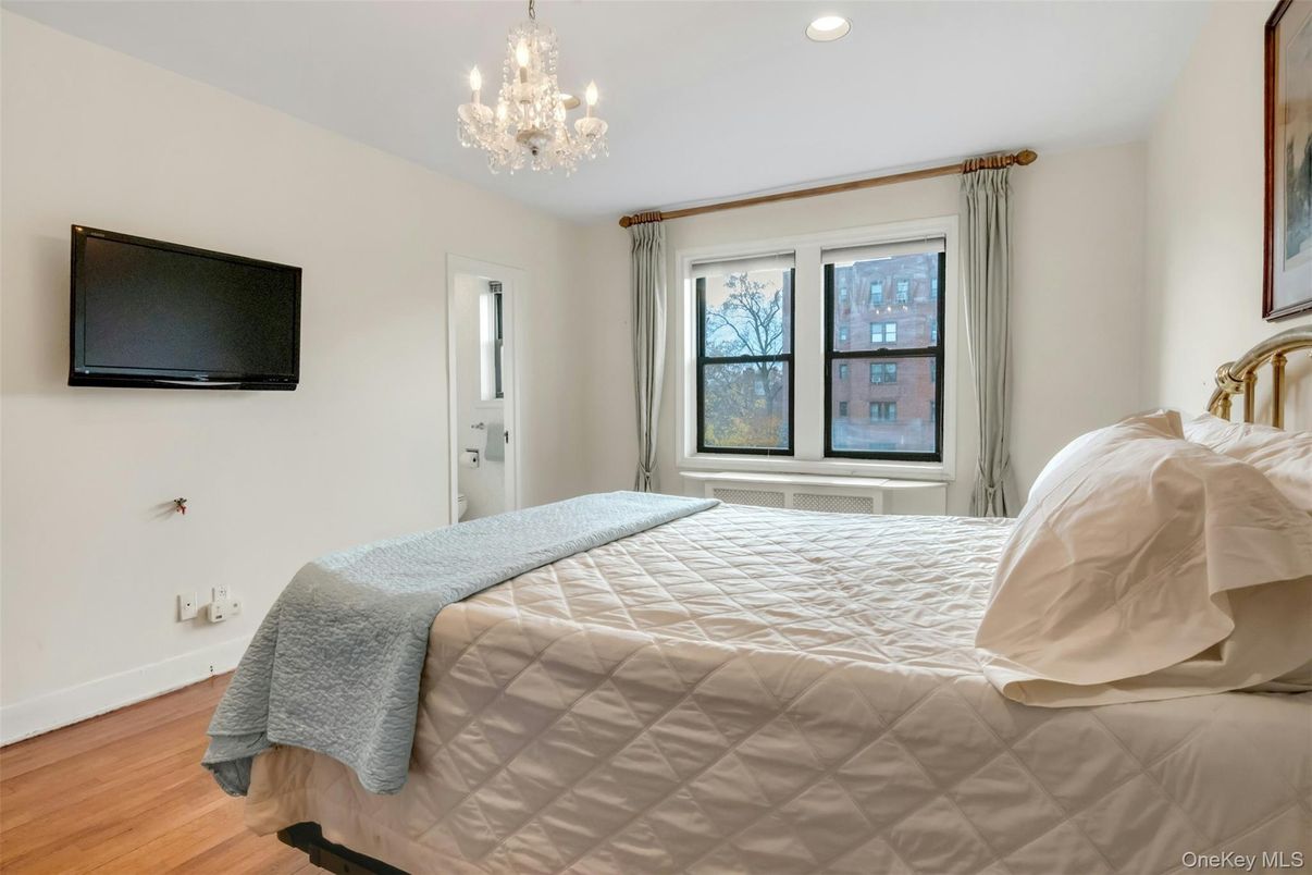Bedroom, Chandelier, Interior, Recessed Lighting, Wood Texture Flooring