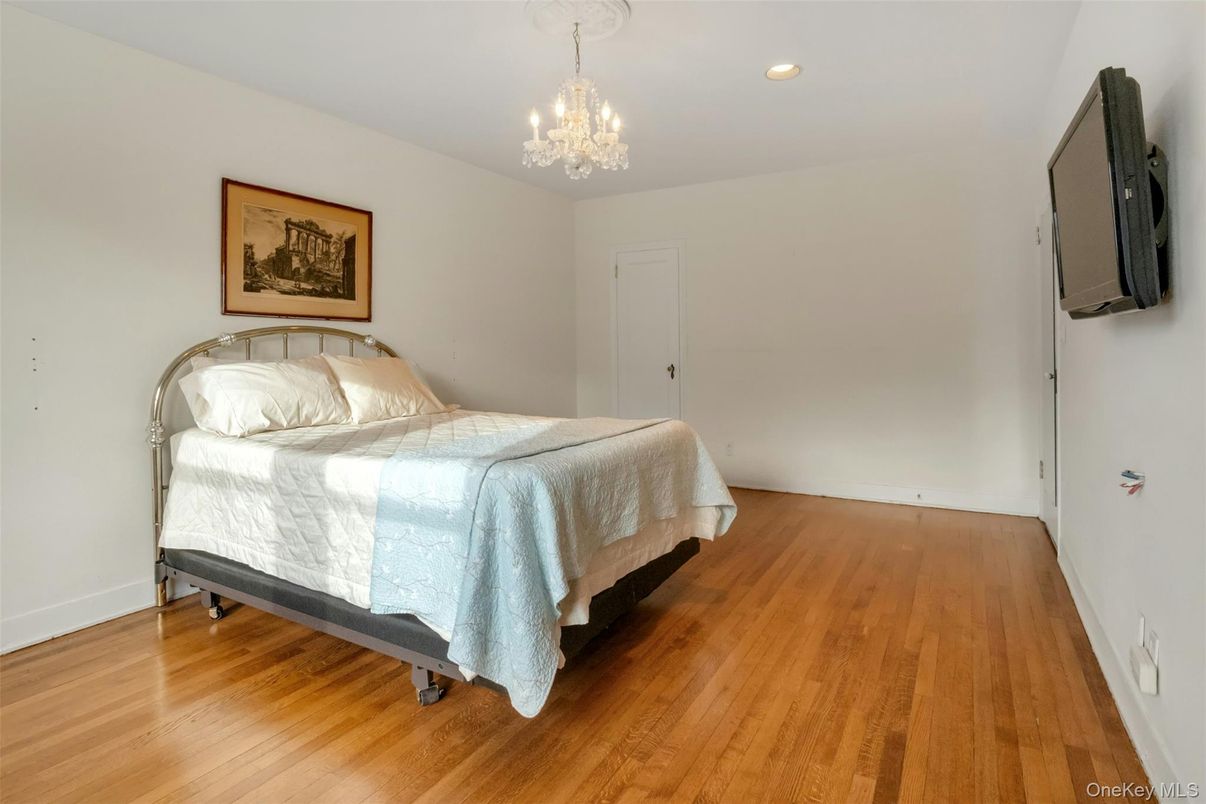 Bedroom, Chandelier, Interior, Recessed Lighting, Wood Texture Flooring