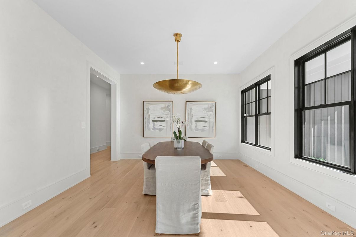Dining room, Interior, Pendant Lights, Recessed Lighting, Wood Texture Flooring