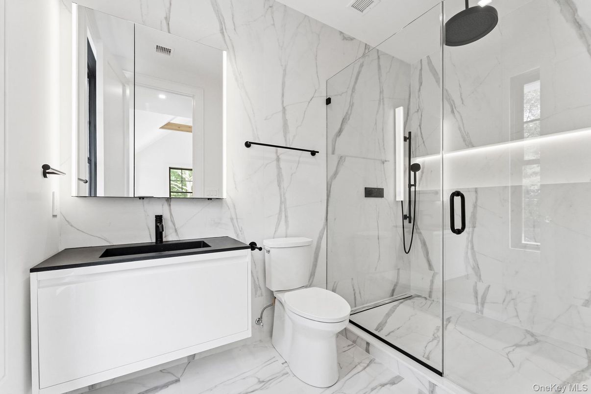 Bathroom, Glass Shower, Interior, Marble, Marble Walls, Recessed Lighting