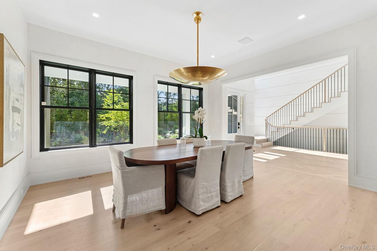 Dining room, Interior, Pendant Lights, Recessed Lighting, Wood Texture Flooring