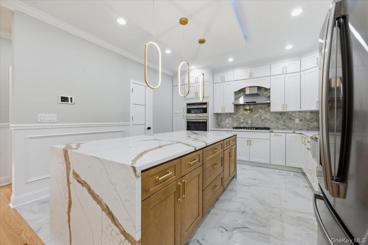 Interior, Kitchen, Marble, Pendant Lights, Recessed Lighting, Stainless Steel Appliances