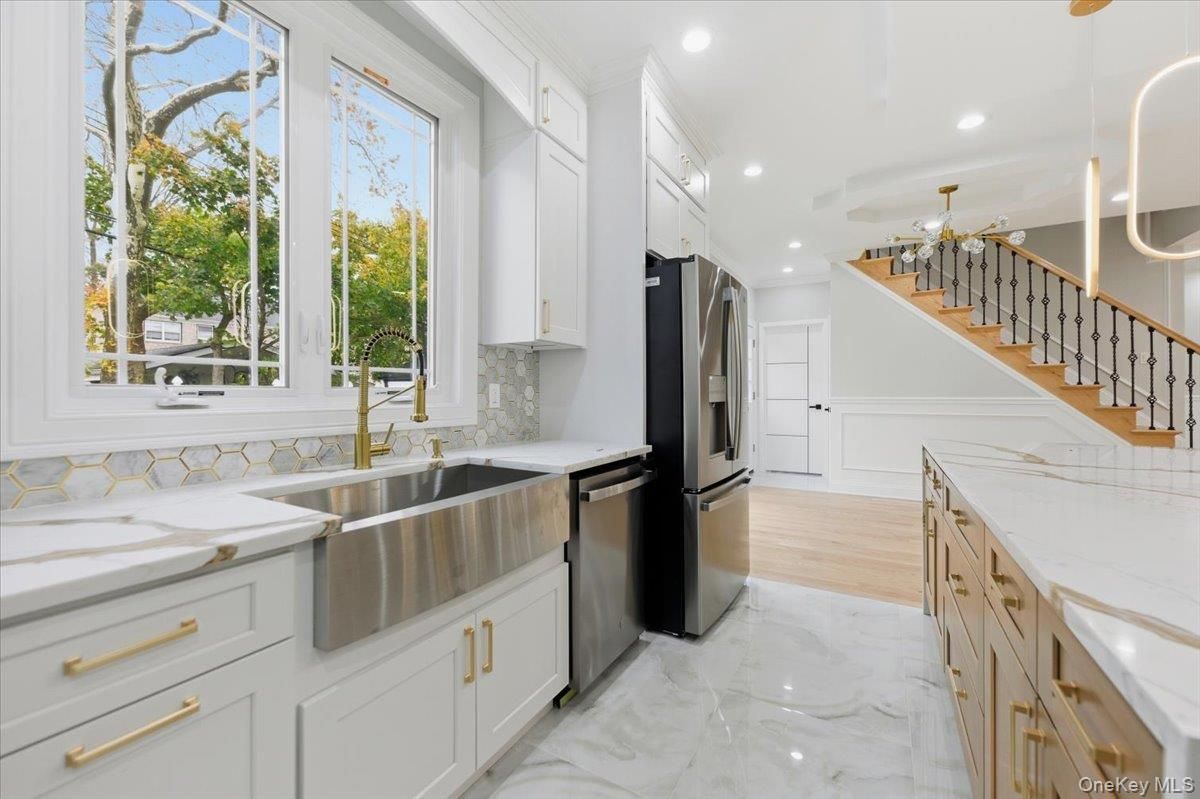 Interior, Kitchen, Marble, Recessed Lighting, Stainless Steel Appliances, Wood Texture Flooring