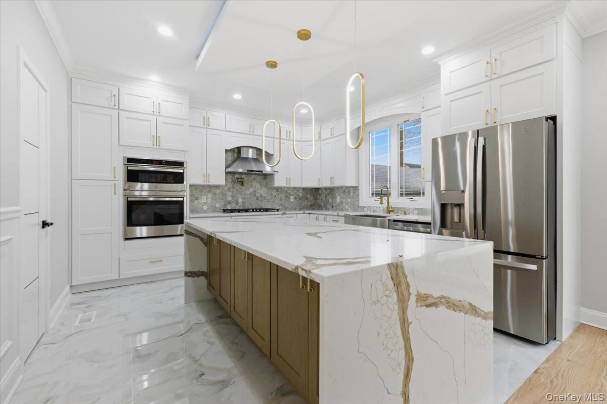Interior, Kitchen, Marble, Pendant Lights, Recessed Lighting, Stainless Steel Appliances