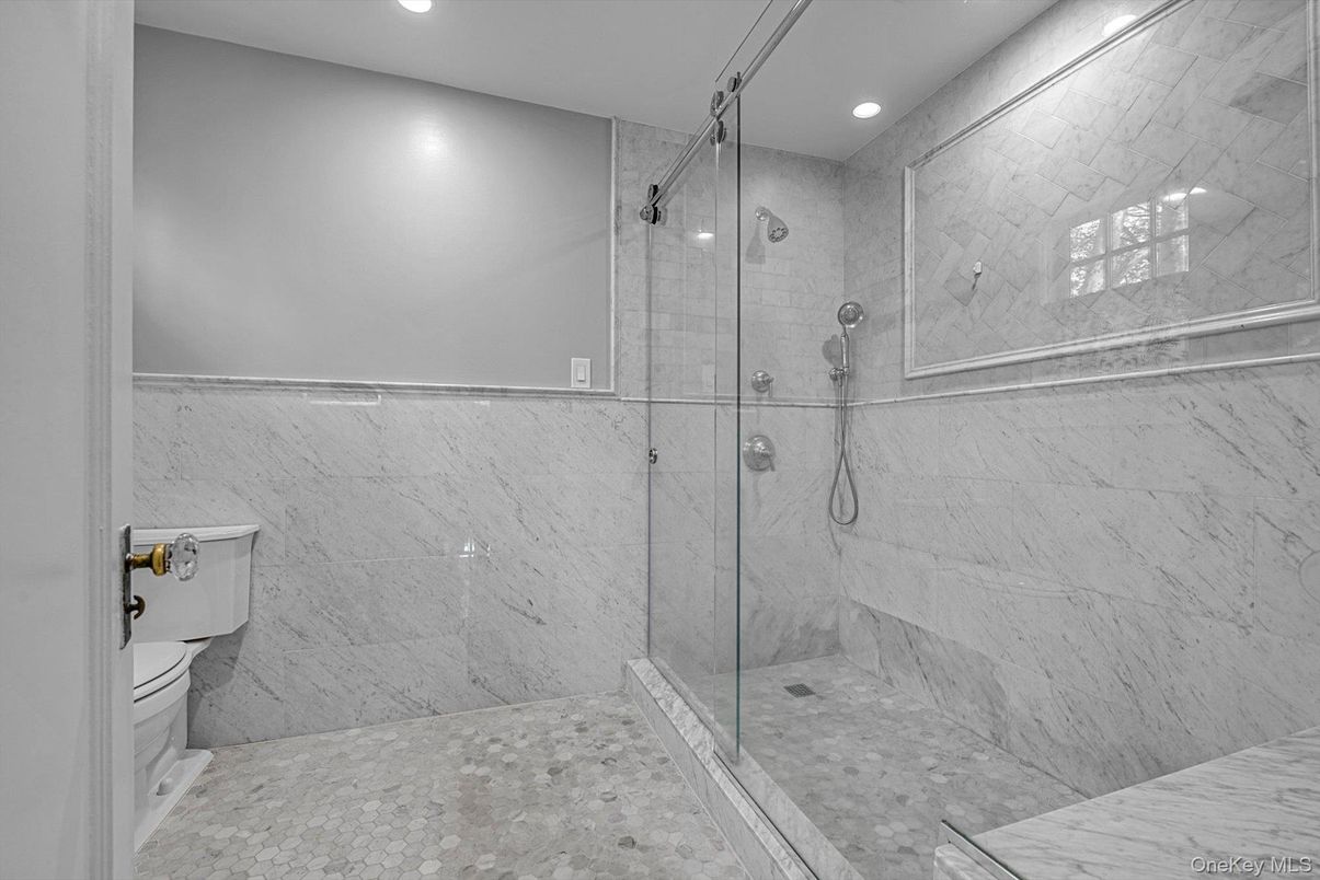 Bathroom, Glass Shower, Interior, Marble Walls, Recessed Lighting