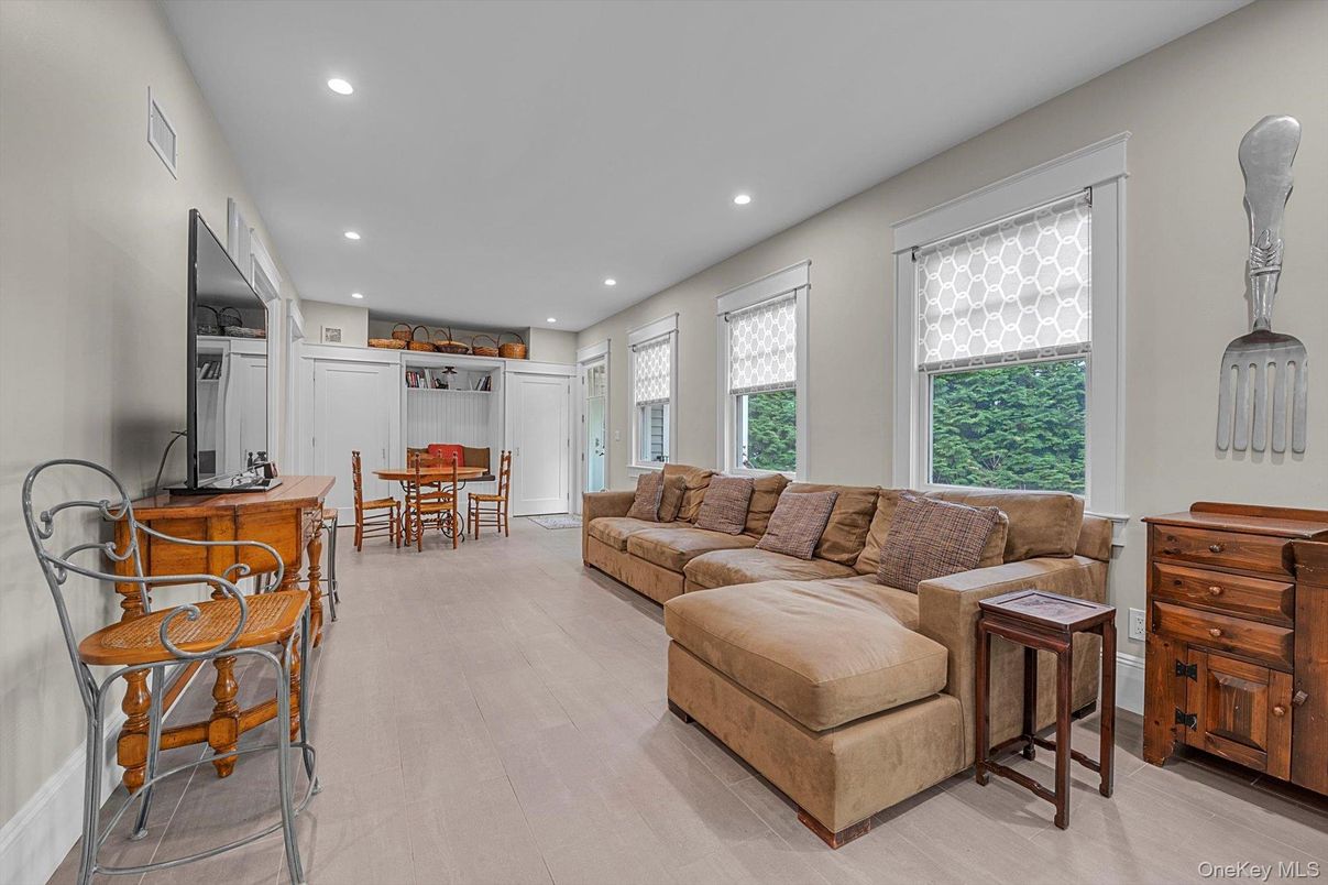 Dining room, Interior, Living room, Recessed Lighting, Wood Texture Flooring