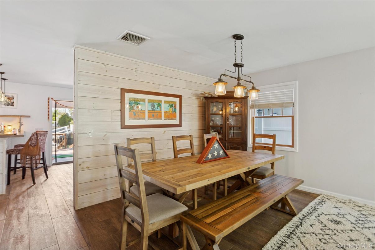 Dining room, Interior, Pendant Lights, Wood Texture Flooring, Wooden Walls