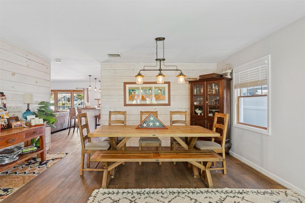 Dining room, Interior, Pendant Lights, Wood Texture Flooring