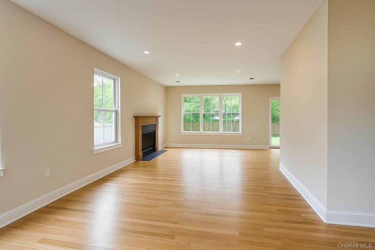 Empty room, Fireplace, Interior, Recessed Lighting, Wood Texture Flooring