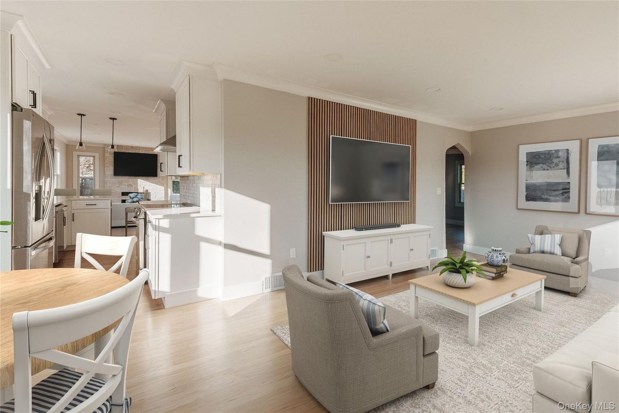Dining room, Interior, Living room, Pendant Lights, Wood Texture Flooring