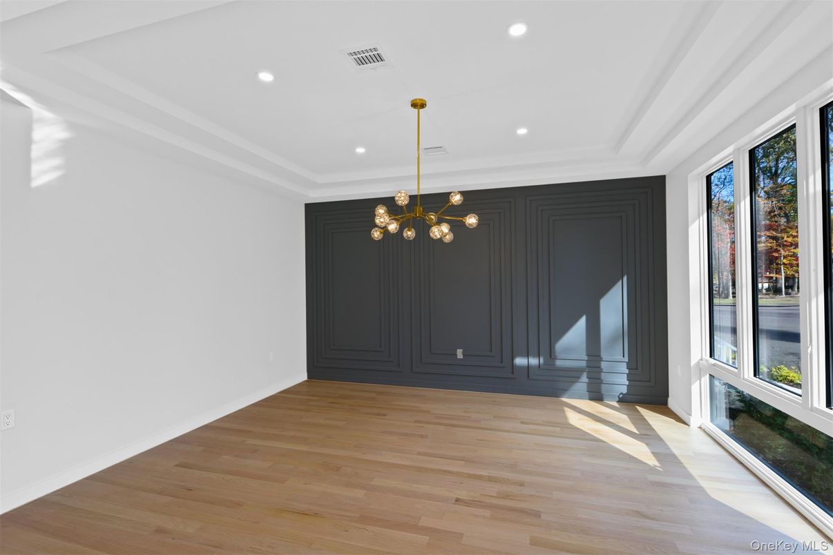 Empty room, Interior, Pendant Lights, Recessed Lighting, Wood Texture Flooring