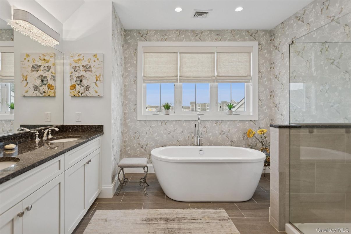 Bathroom, Free Standing Baths, Glass Shower, Interior, Recessed Lighting, Wood Texture Flooring