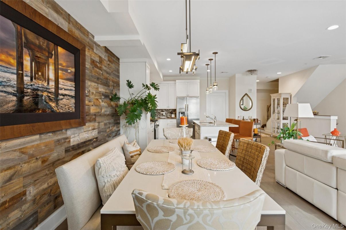 Dining room, Interior, Kitchen, Living room, Pendant Lights, Recessed Lighting, Stainless Steel Appliances, Stone Walls, Wooden Walls