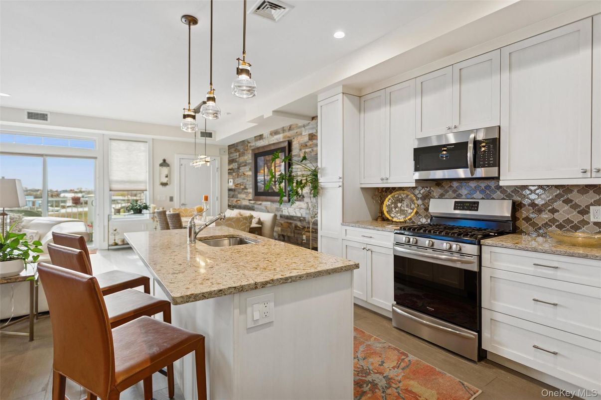 Interior, Kitchen, Pendant Lights, Recessed Lighting, Stainless Steel Appliances, Stone Walls