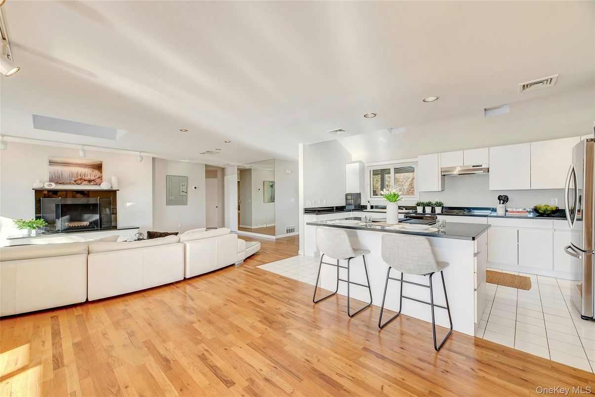 Fireplace, Interior, Kitchen, Living room, Recessed Lighting, Wood Texture Flooring