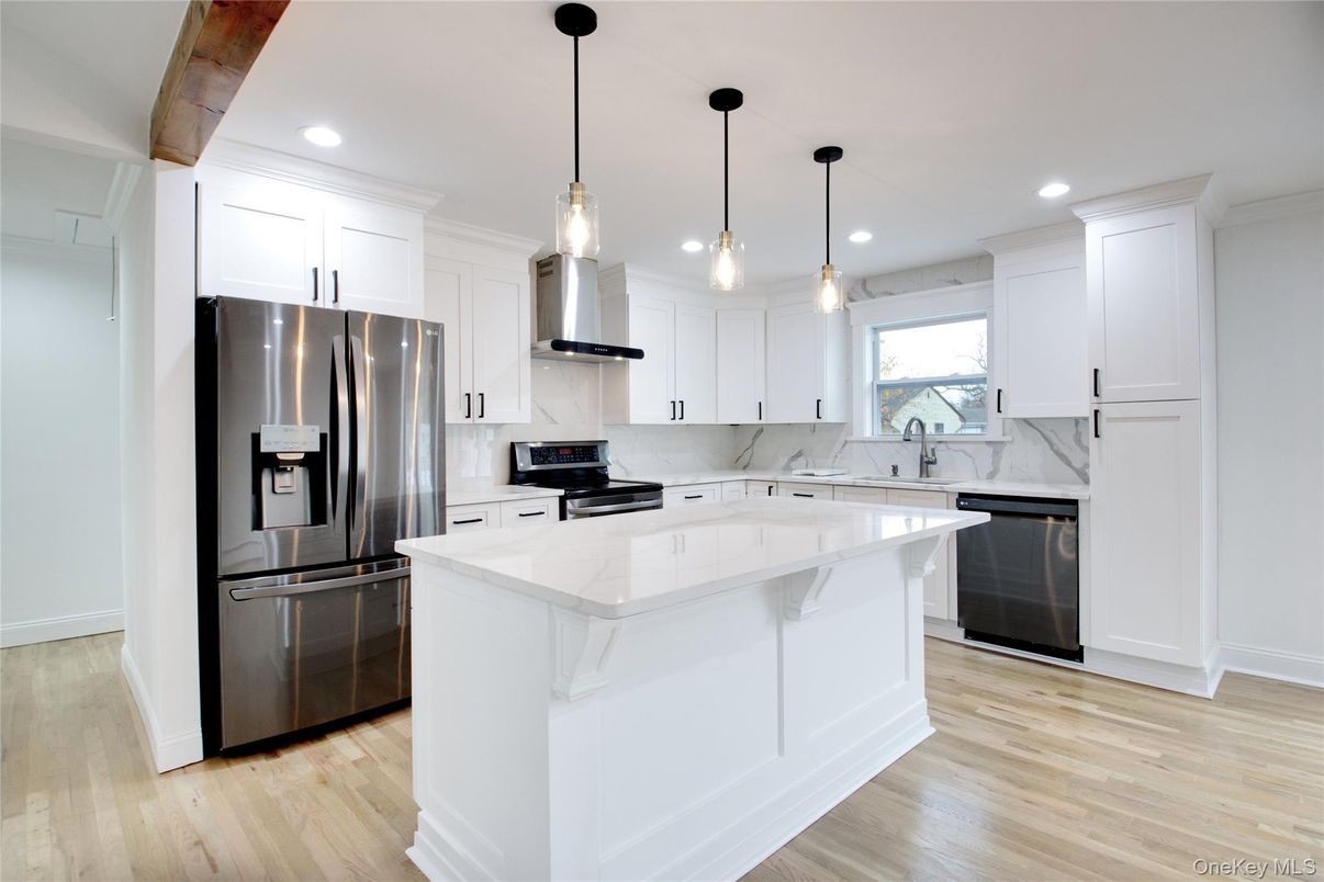 Interior, Kitchen, Pendant Lights, Recessed Lighting, Stainless Steel Appliances, Wooden Beams, Wood Texture Flooring