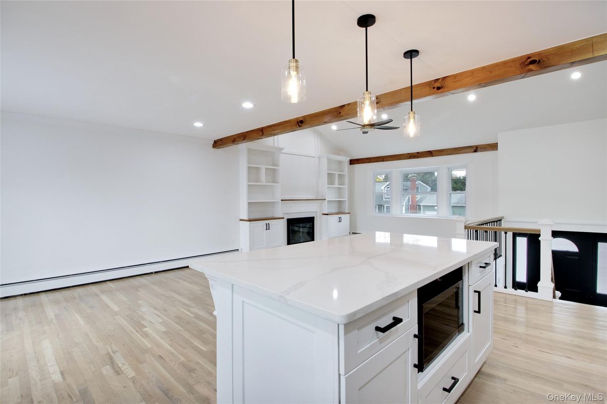 Fireplace, Interior, Kitchen, Pendant Lights, Recessed Lighting, Wooden Beams, Wood Texture Flooring