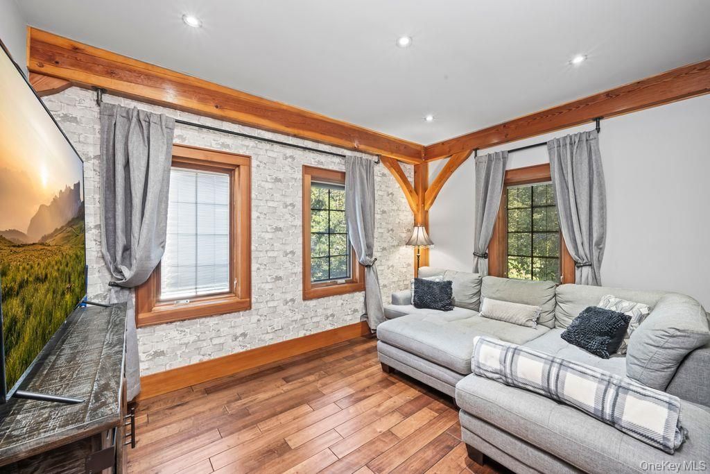 Interior, Living room, Recessed Lighting, Stone Walls, Wood Texture Flooring