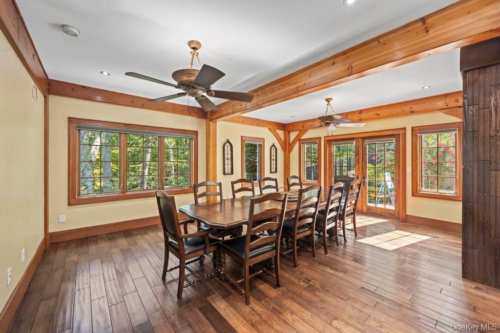 Dining room, Interior, Recessed Lighting, Wooden Beams, Wood Texture Flooring