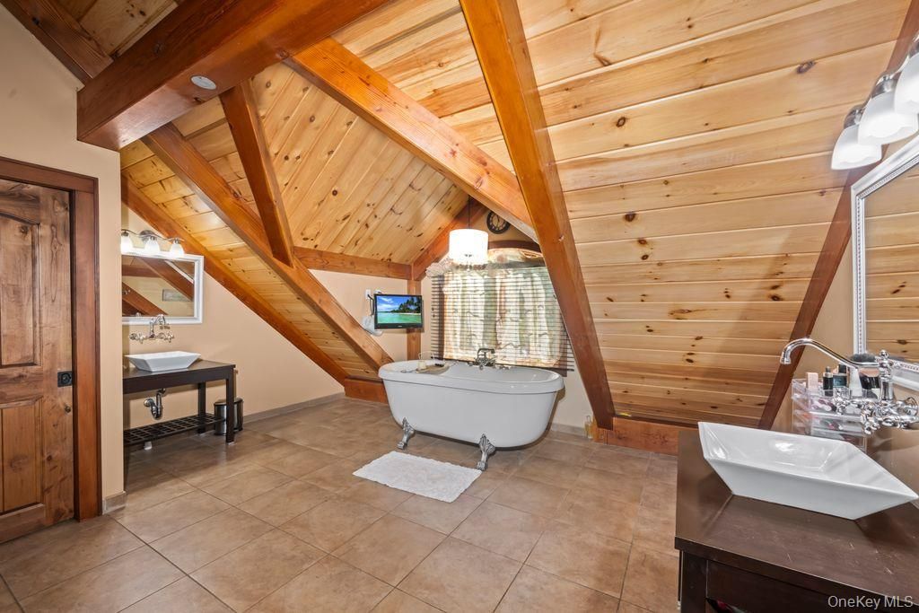 Bathroom, Dual Sink Vanities, Free Standing Baths, Interior, Wooden Beams, Wooden Ceilings, Wooden Walls