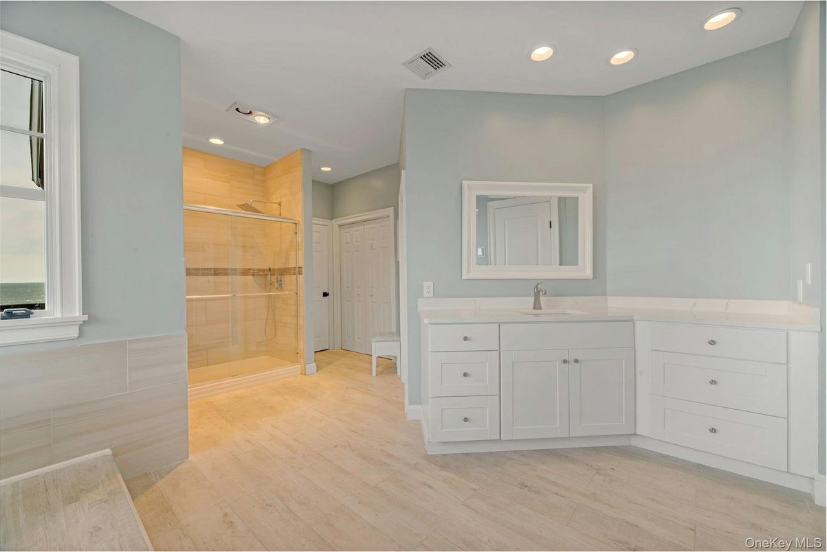 Bathroom, Glass Shower, Interior, Recessed Lighting, Wood Texture Flooring