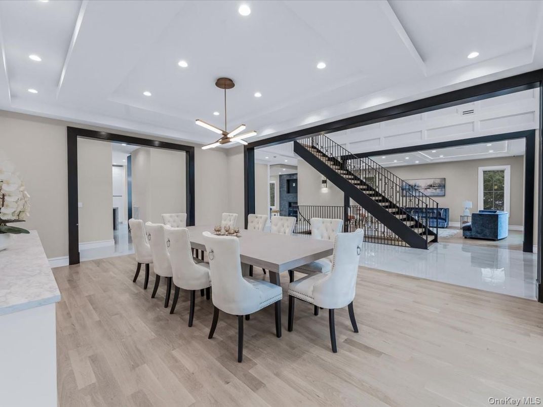 Dining room, Interior, Pendant Lights, Recessed Lighting, Wood Texture Flooring