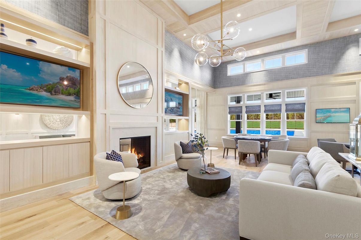 Dining room, Fireplace, Interior, Living room, Pendant Lights, Recessed Lighting, Wood Texture Flooring