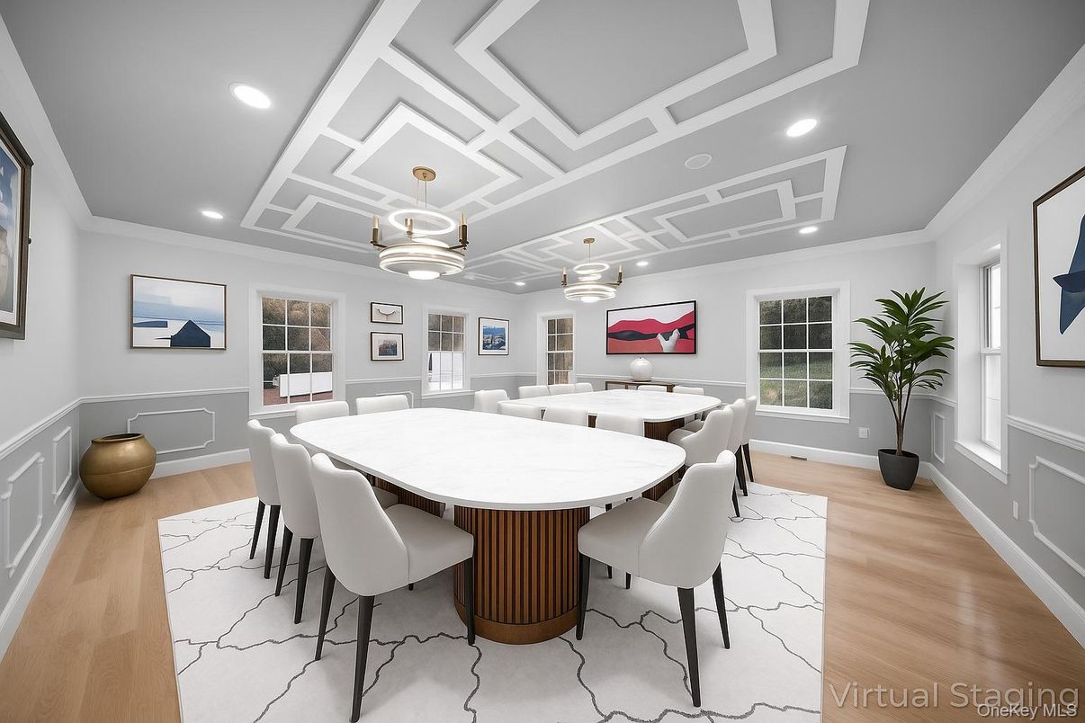 Dining room, Interior, Pendant Lights, Recessed Lighting, Wood Texture Flooring