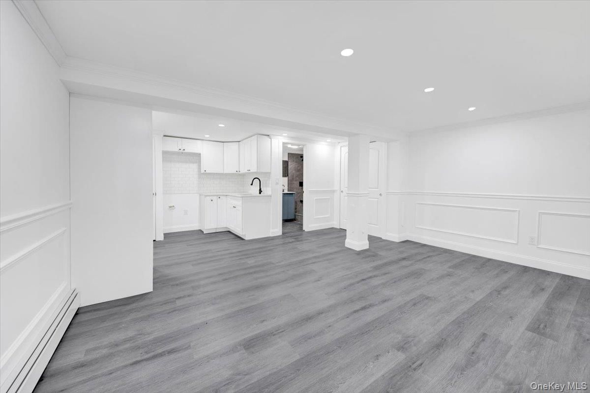 Empty room, Interior, Kitchen, Recessed Lighting, Wood Texture Flooring