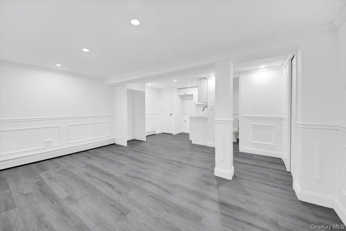 Empty room, Interior, Kitchen, Recessed Lighting, Wood Texture Flooring