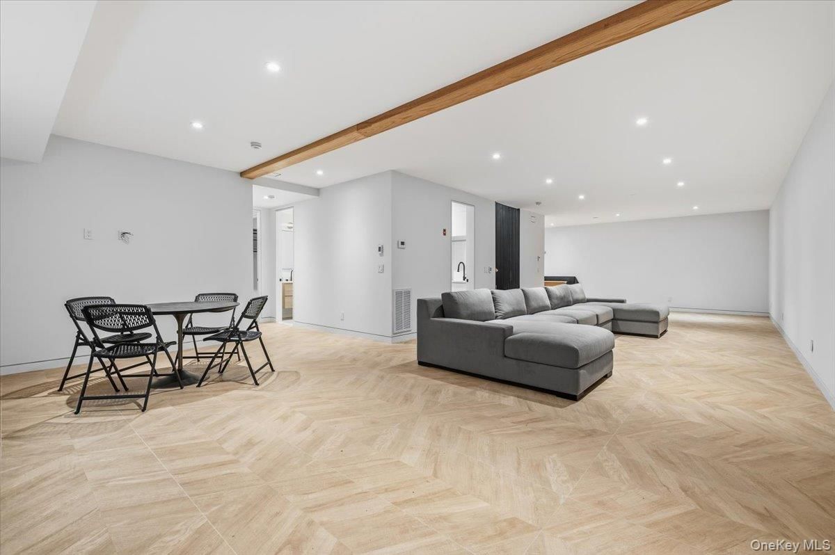 Dining room, Interior, Living room, Recessed Lighting, Wooden Beams, Wood Texture Flooring