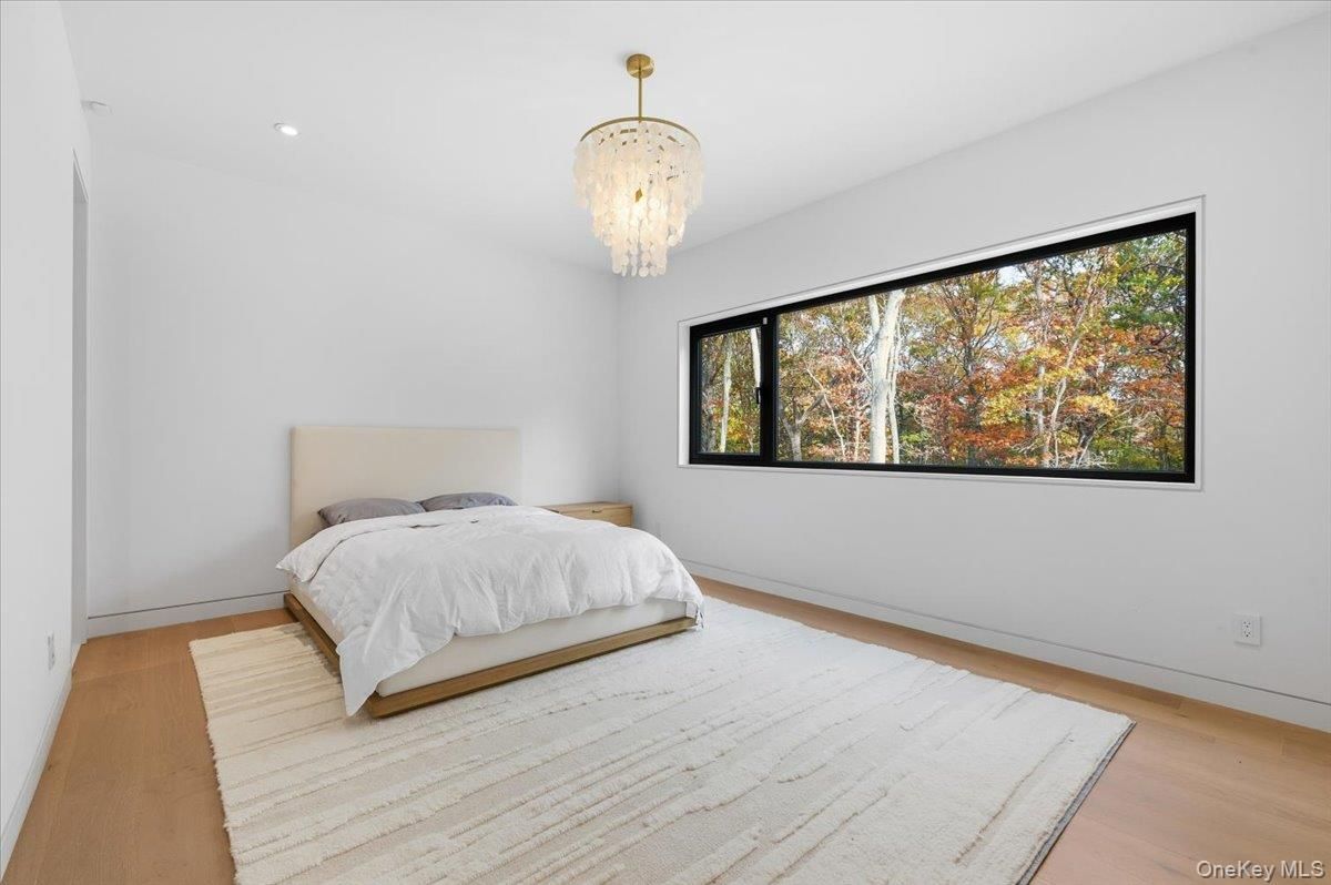 Bedroom, Chandelier, Interior, Recessed Lighting, Wood Texture Flooring