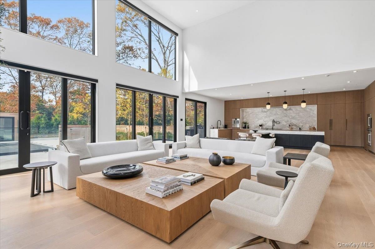 Interior, Kitchen, Living room, Marble Walls, Pendant Lights, Recessed Lighting, Wood Texture Flooring