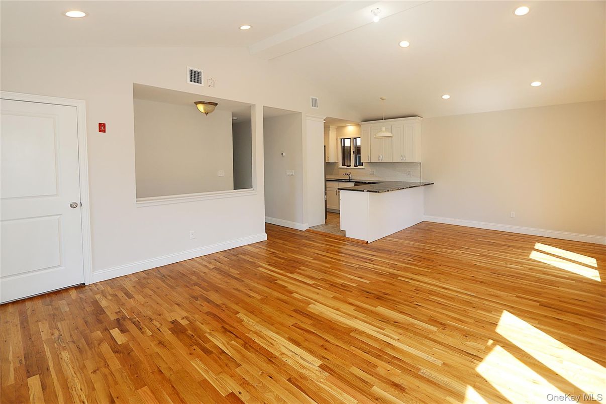 Empty room, Interior, Kitchen, Recessed Lighting, Wood Texture Flooring