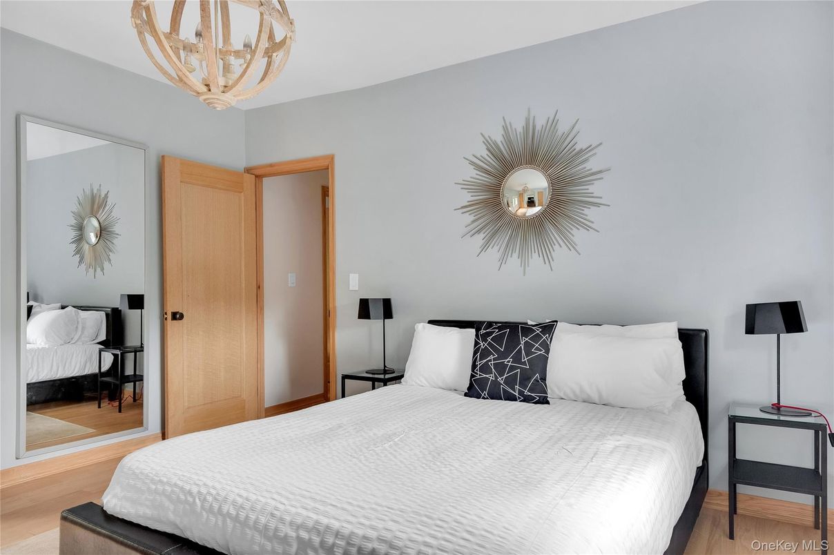 Bedroom, Chandelier, Interior, Wood Texture Flooring